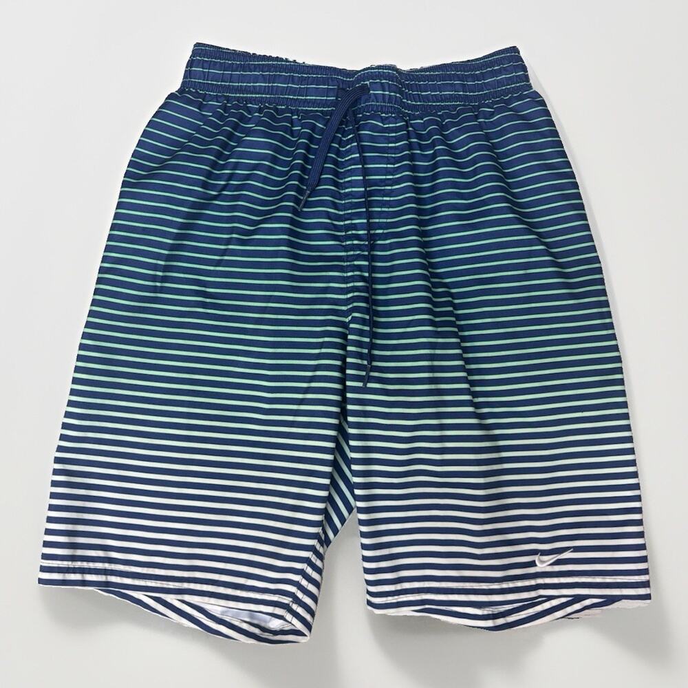 Nike Mens S Swim Board Shorts Navy Green Stripe Drawstring Mesh Lined
